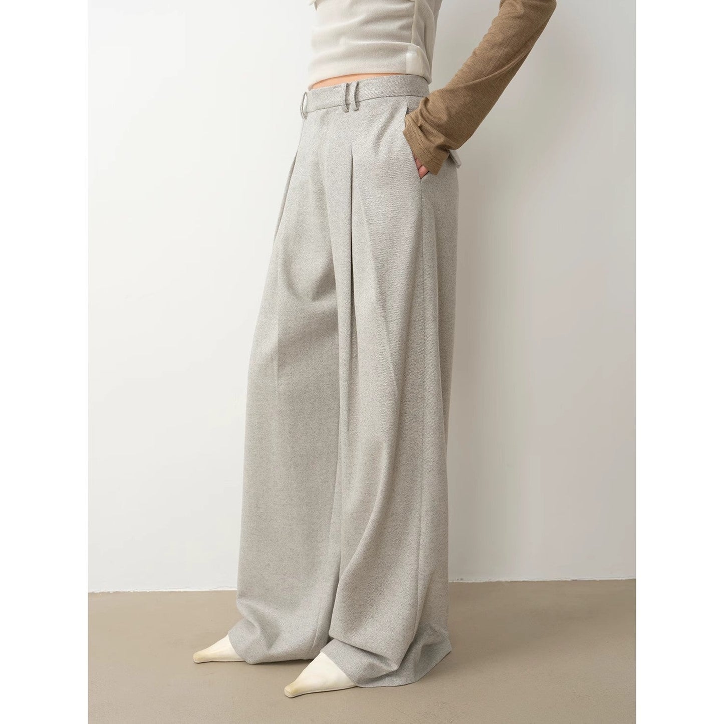 "City Stroll" casual and relaxed wool-blend double-pleated straight draped wide-leg casual trousers for autumn-1