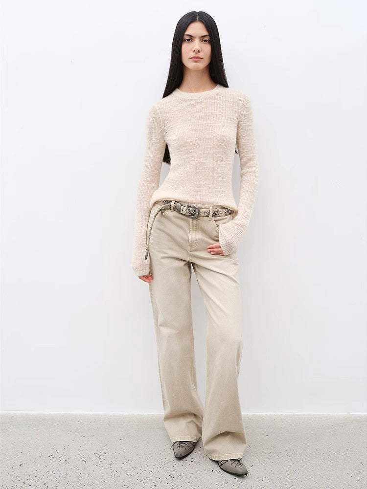 "Flare Mark" Retro all-season slim-fit versatile floor-length washed flared jeans-0