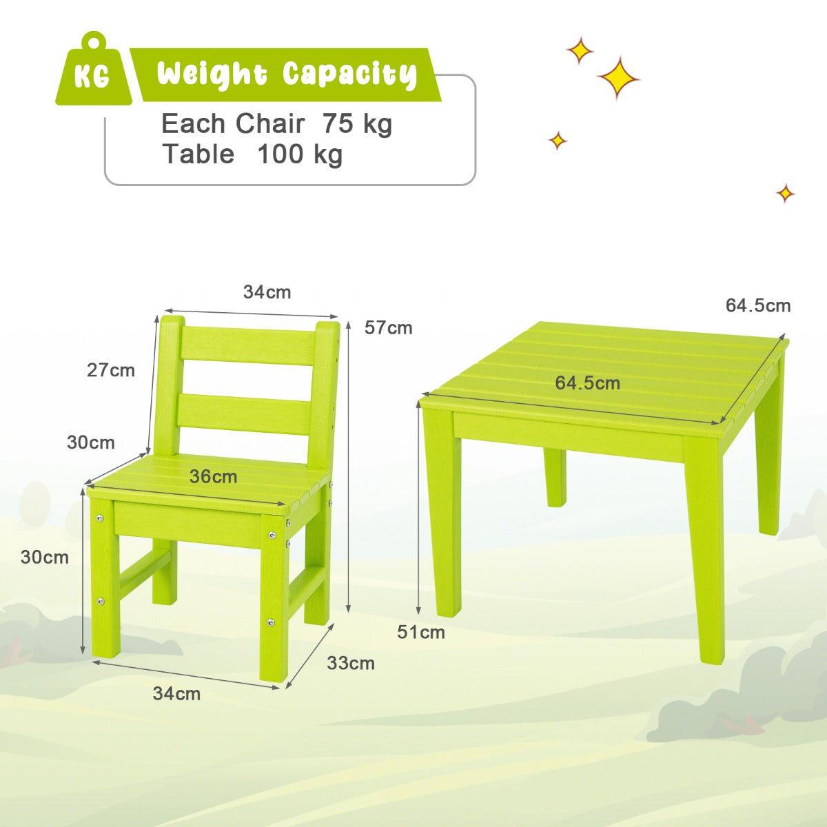 NNECW 3-Piece All-Weather Kids Table & Chairs Set for Home & Backyard-Green-3