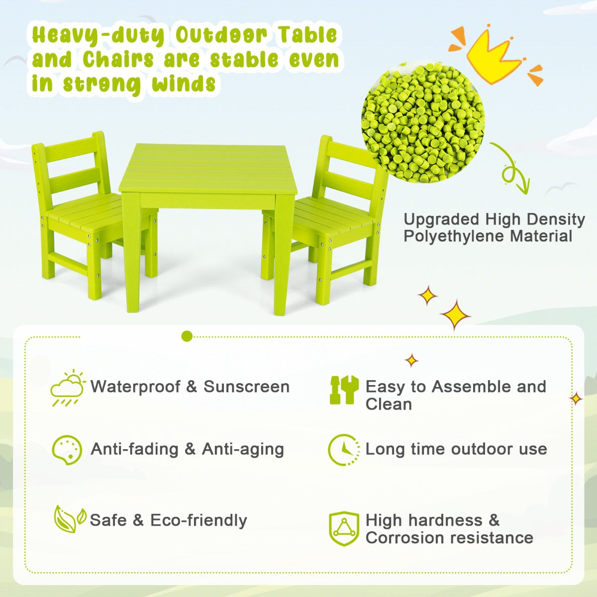NNECW 3-Piece All-Weather Kids Table & Chairs Set for Home & Backyard-Green-4