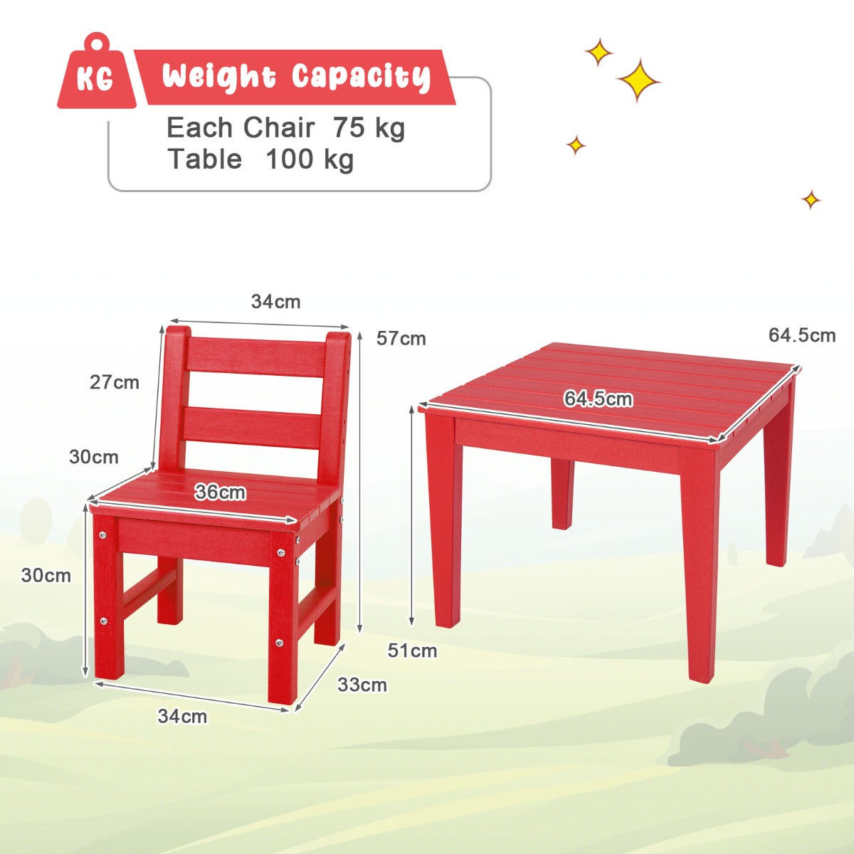 NNECW 3-Piece All-Weather Kids Table & Chairs Set for Home & Backyard-Red-3