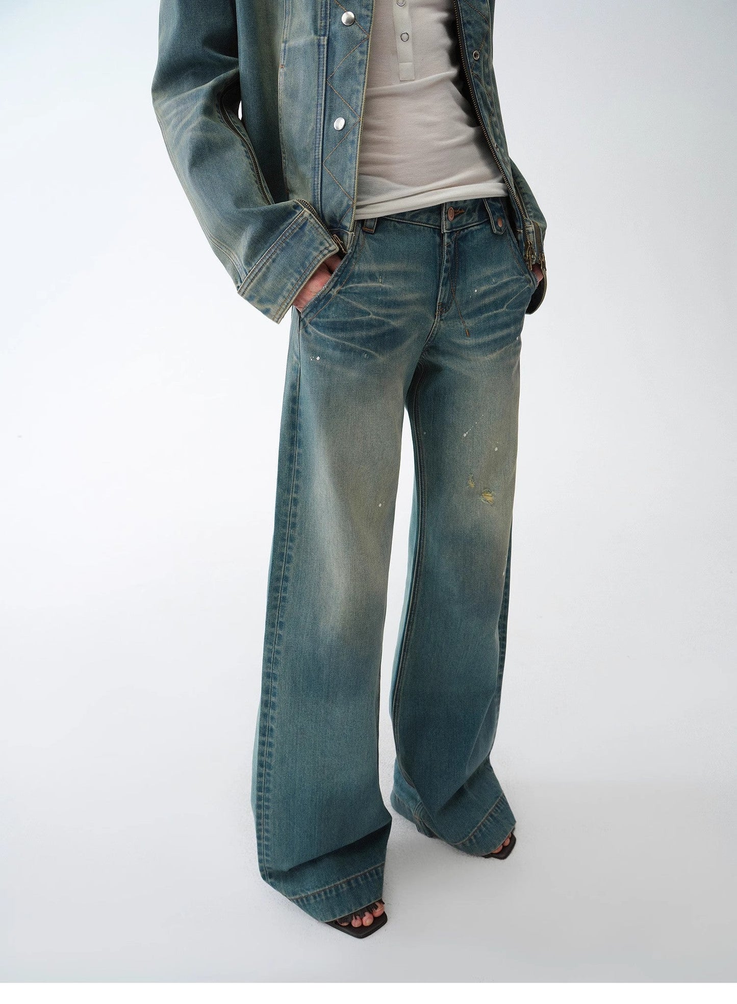 "Climber" leather-coated distressed straight low-rise cotton denim trousers for spring-1