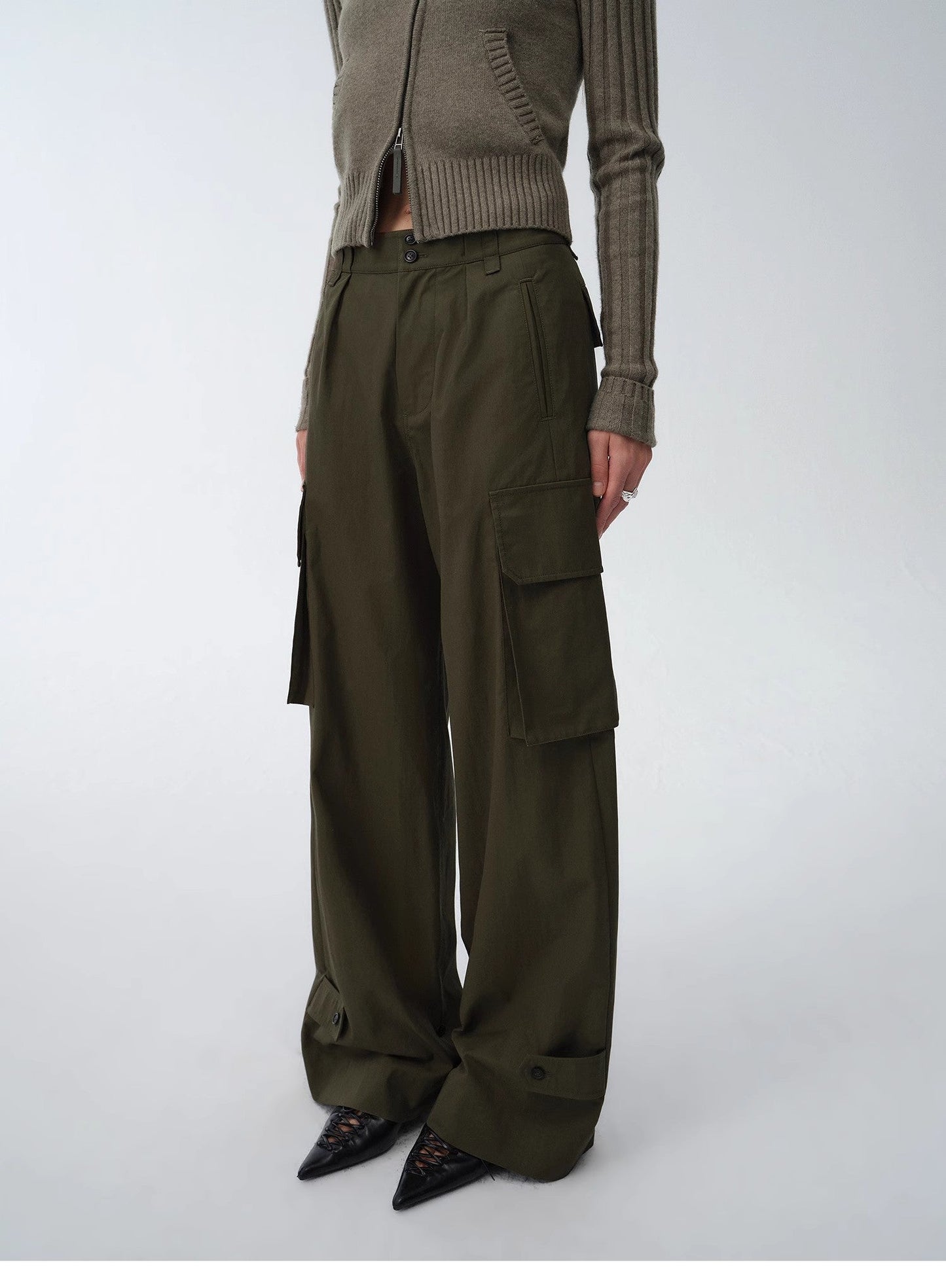 "Leisure First" Personalized three-dimensional large patch pocket straight wide-leg work trousers-4