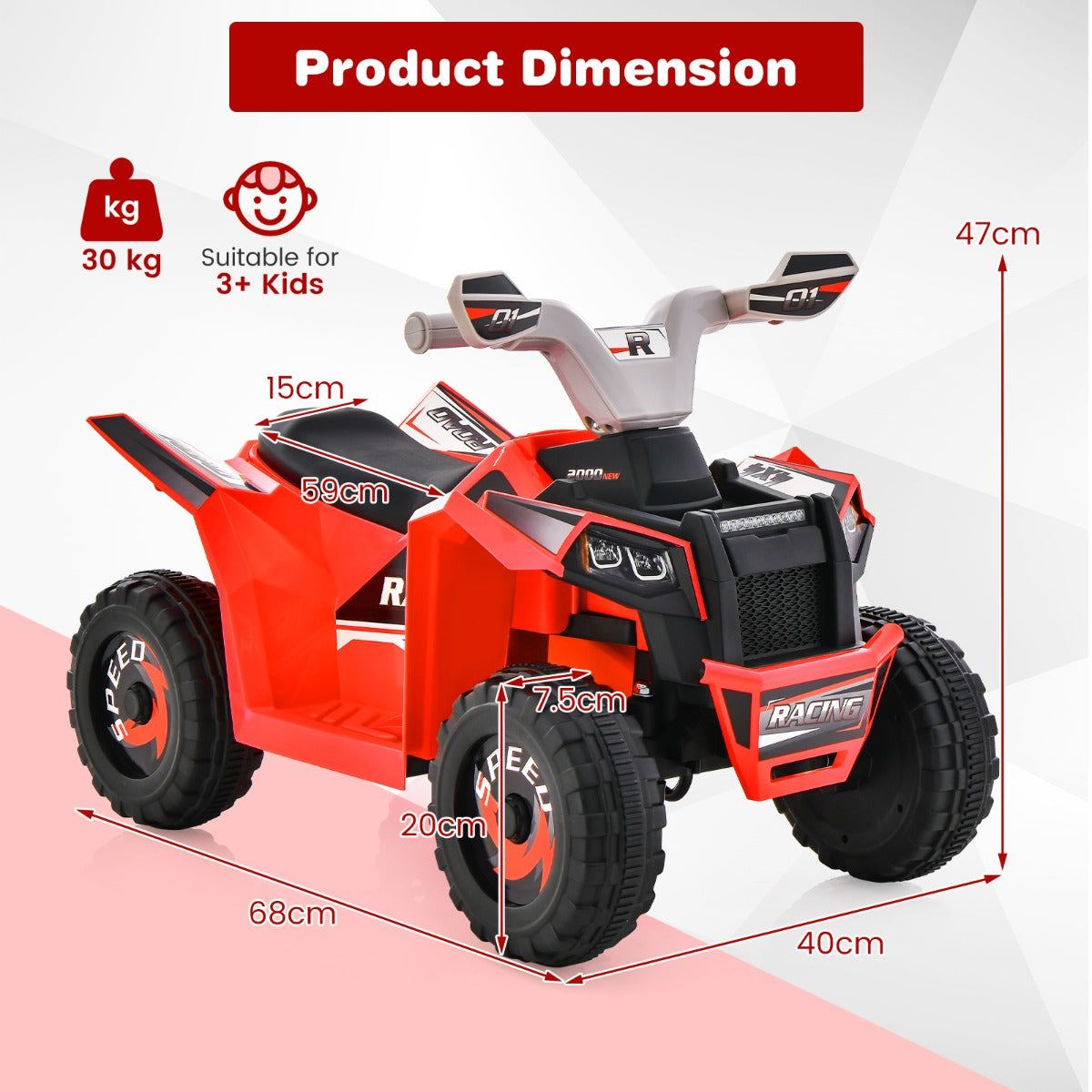NNECW 6V Battery Powered Kids Ride on ATV with Direction Control-Red-3