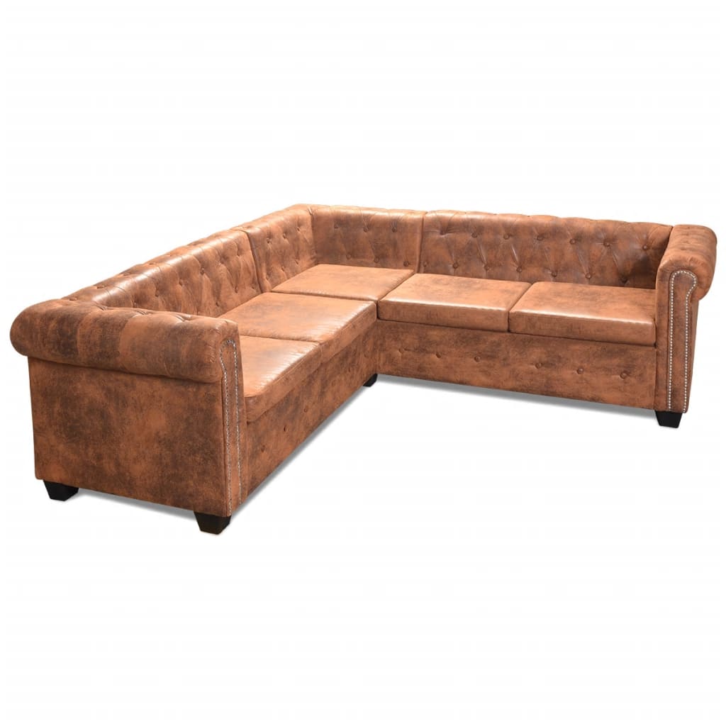 NNEVL Chesterfield Corner Sofa 5-Seater Artificial Leather Brown-1