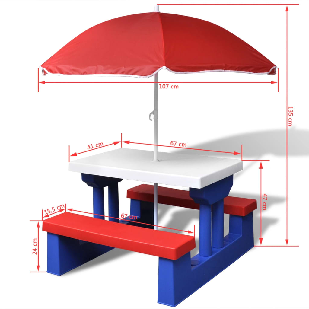 NNEVL Kids' Picnic Table with Benches and Parasol Multicolour-4