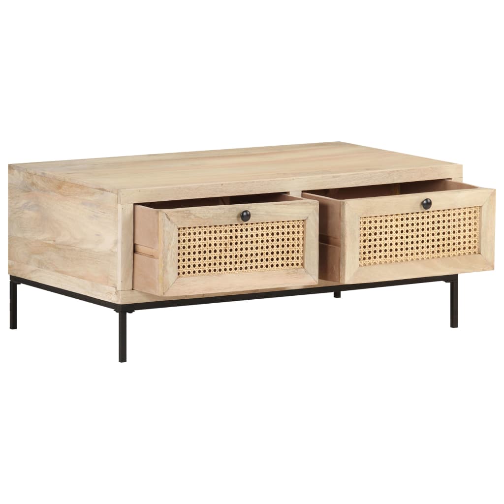 NNEVL Coffee Table 90x50x37 cm Solid Mango Wood and Natural Cane-2