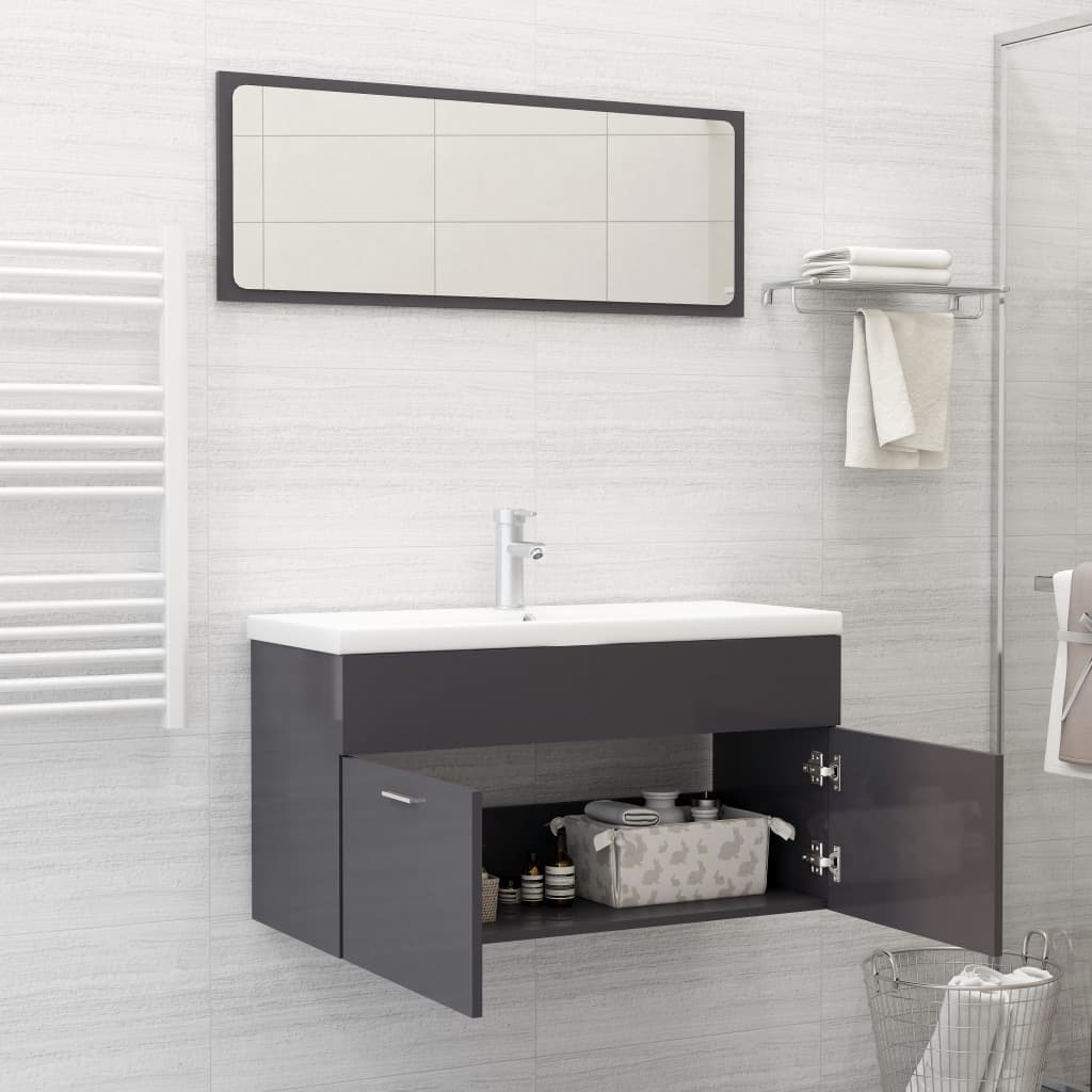 NNEVL 2 Piece Bathroom Furniture Set High Gloss Grey Chipboard-2