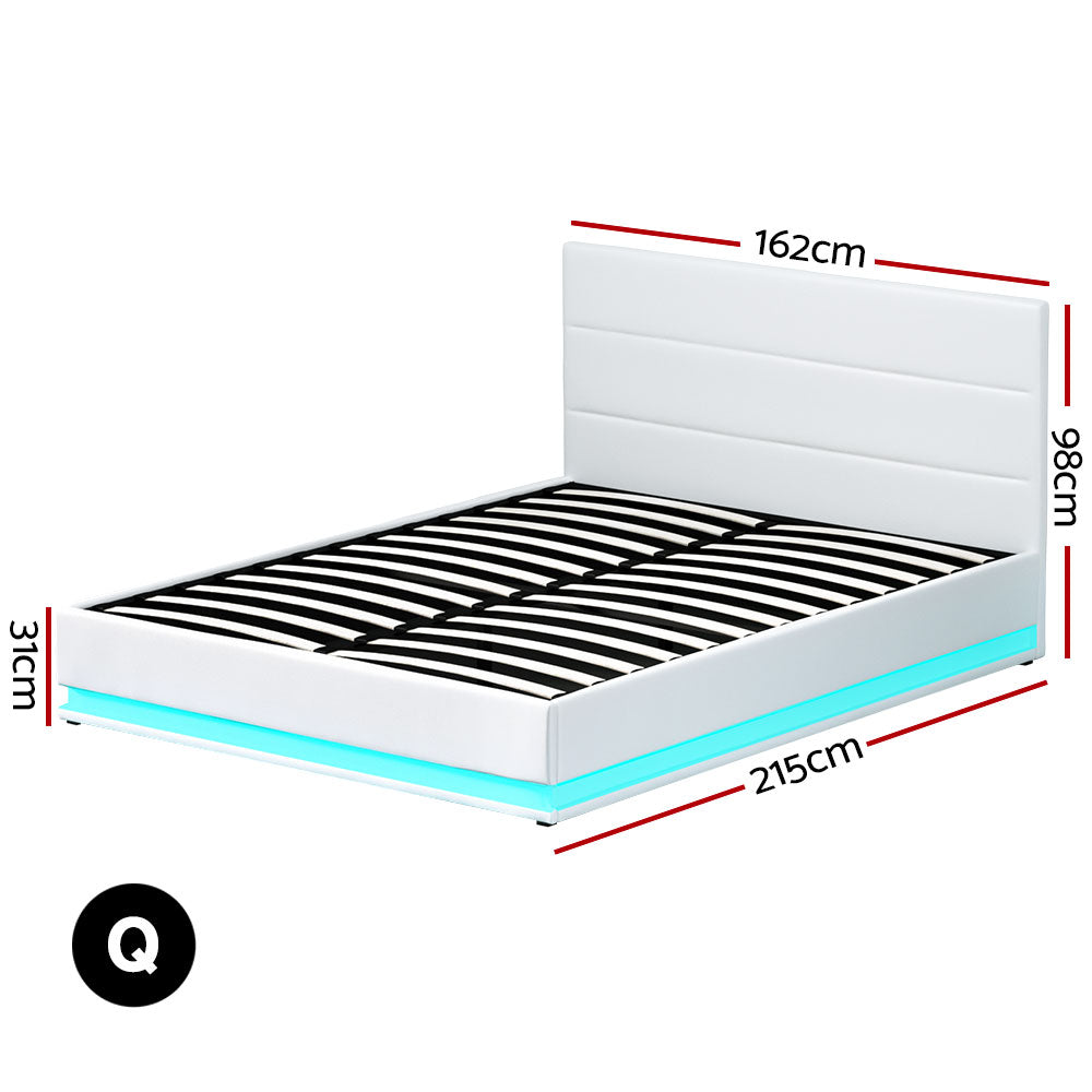 NNEDSZ Artiss Bed Frame Queen Size LED Gas Lift White LUMI-1