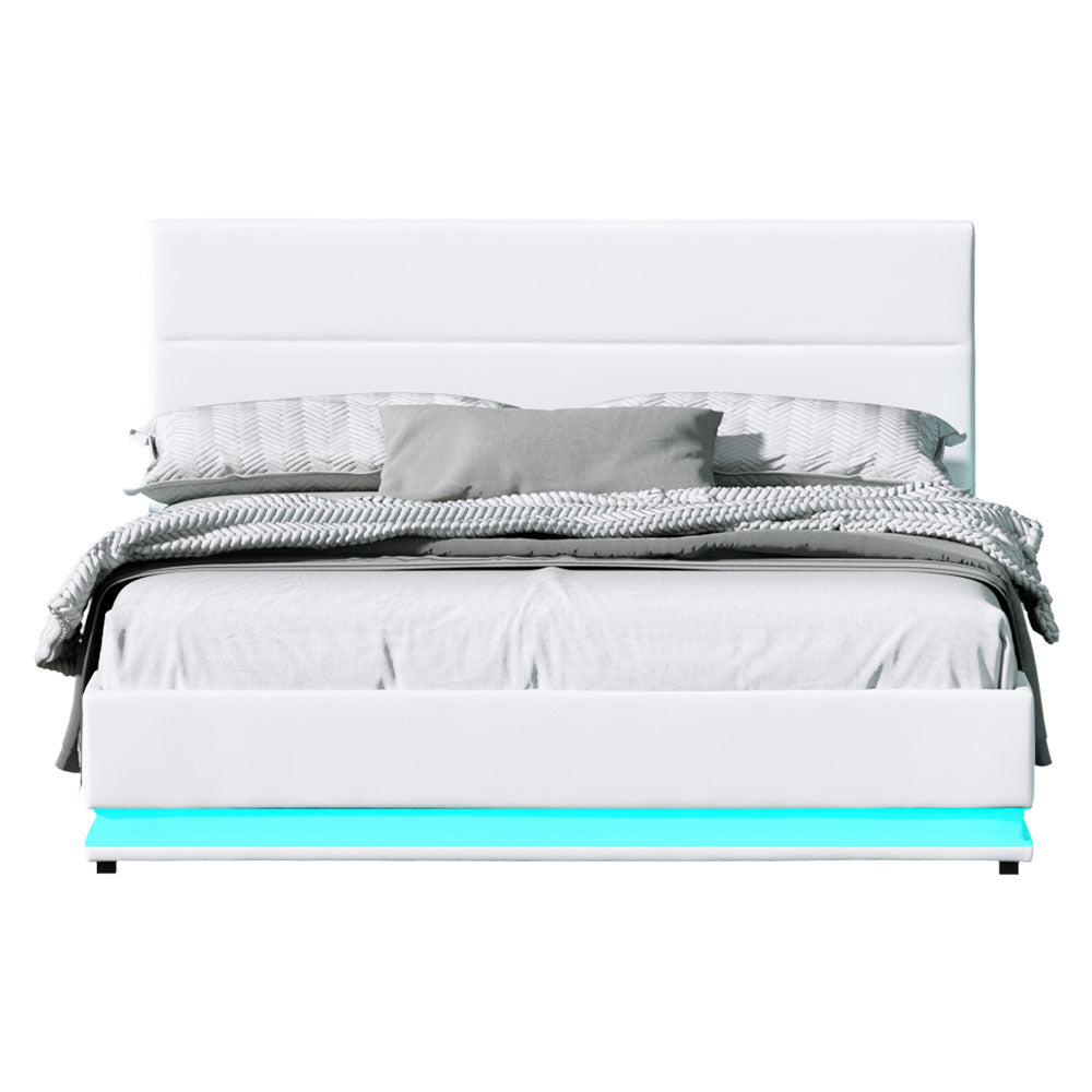 NNEDSZ Artiss Bed Frame Queen Size LED Gas Lift White LUMI-2