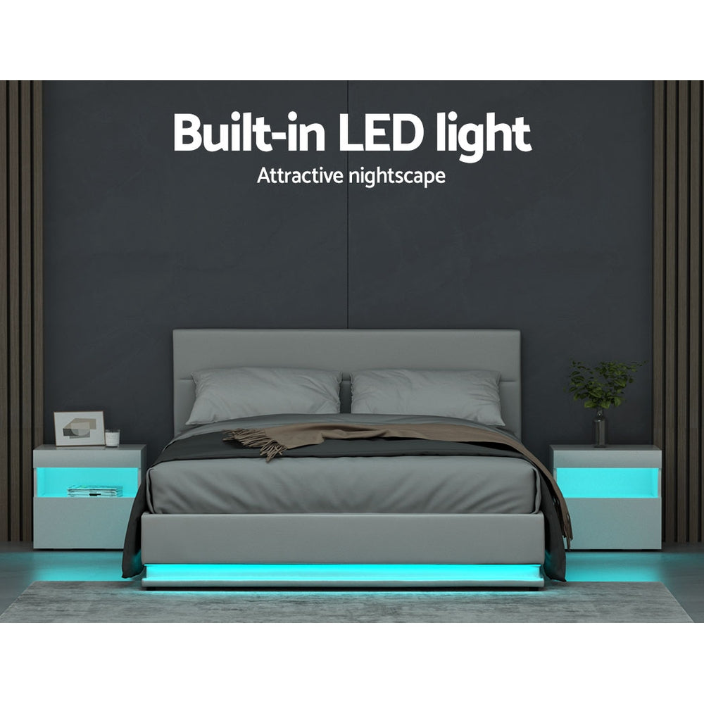 NNEDSZ Artiss Bed Frame Queen Size LED Gas Lift White LUMI-3