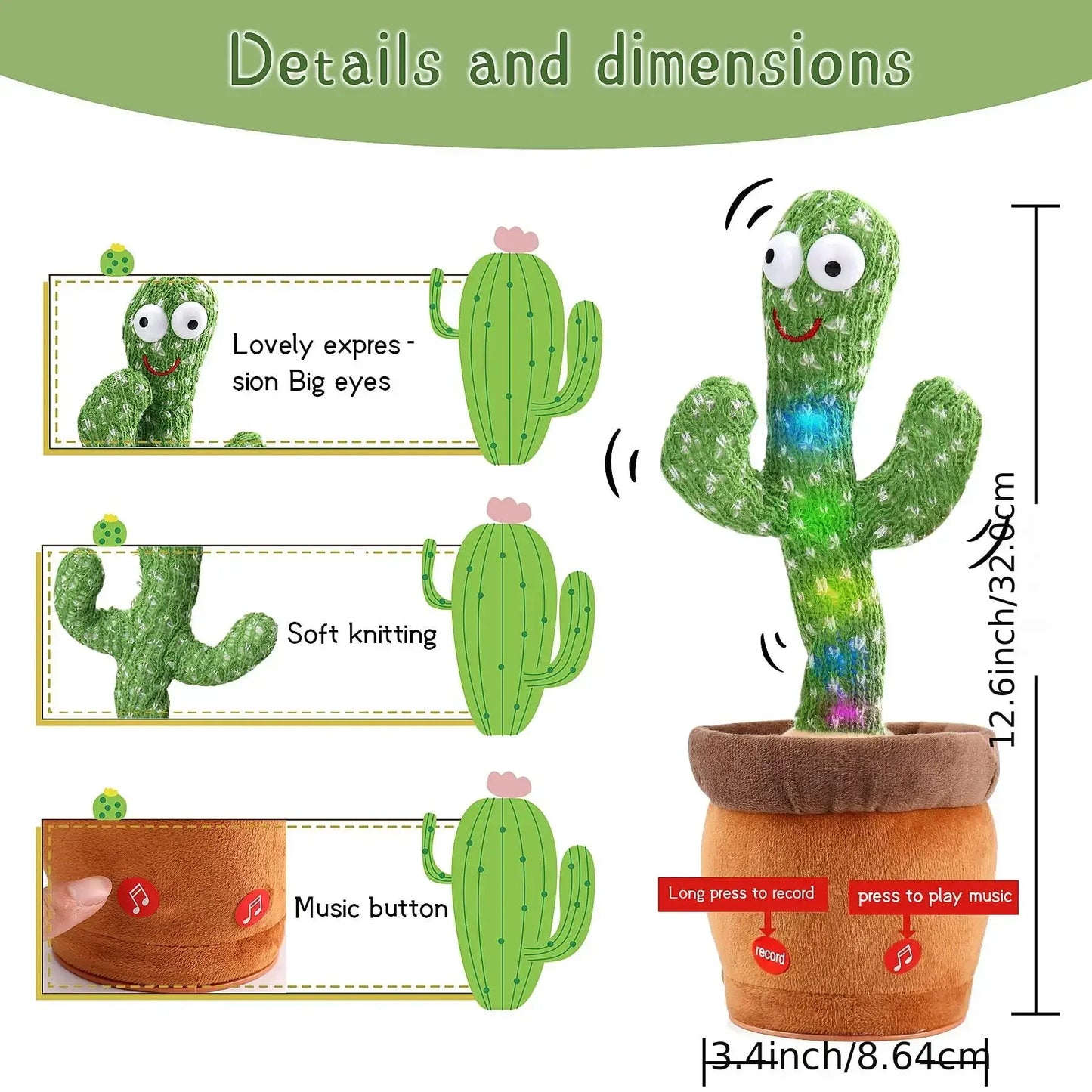 NNEOBA Rechargeable Dancing Cactus Plush Toy for Kids-3