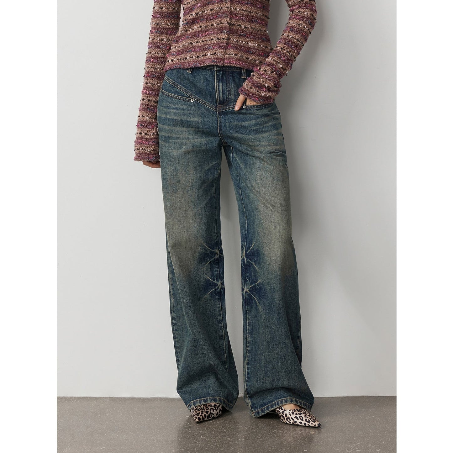 Vintage Heavy Wash Distressed Marble Pattern V-Shaped Segmented Slimming Textured Straight-Leg Denim Trousers-5