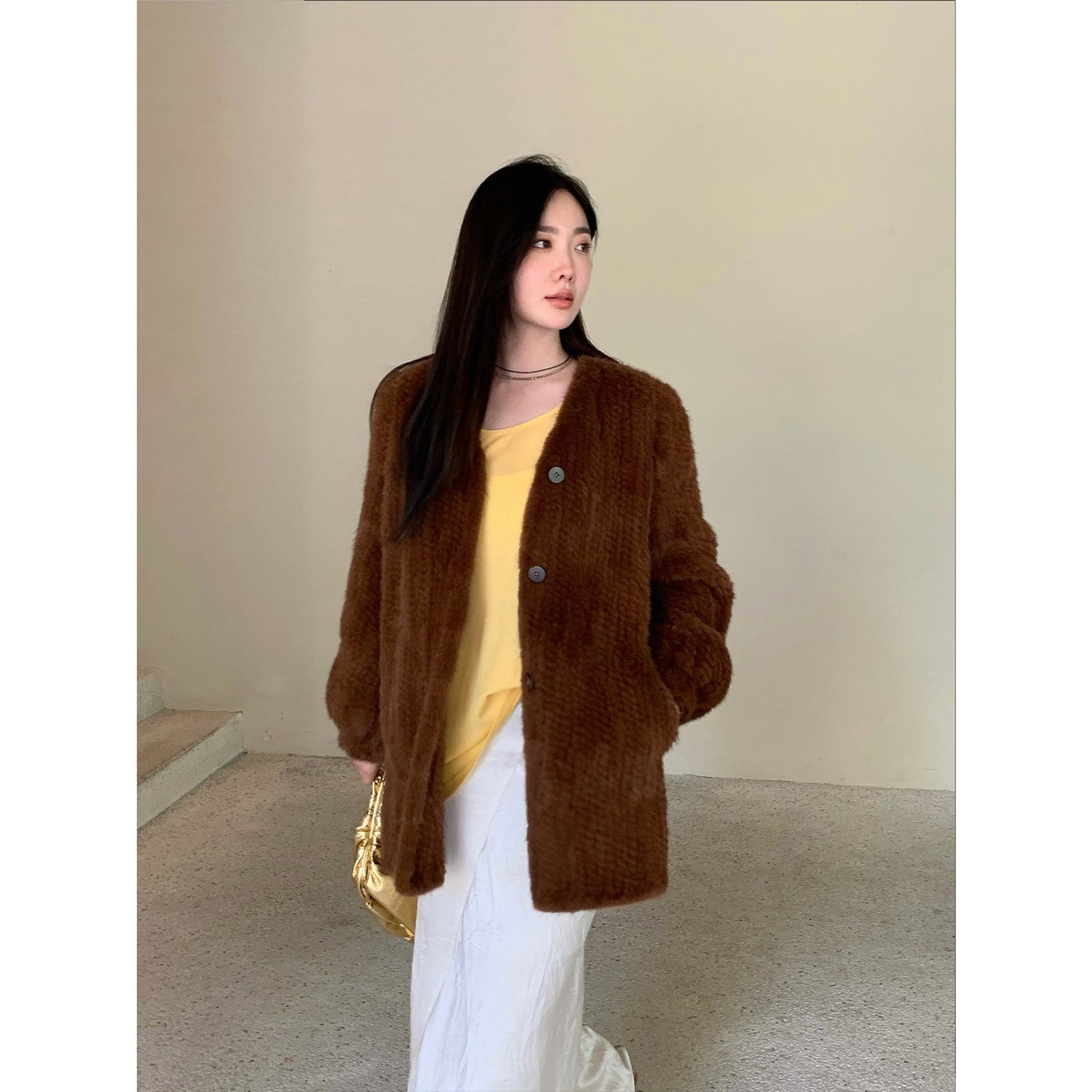 "Moon Serenade" High-luxury imported velvet mink woven fur coat mid-length mink coat (handmade)-5