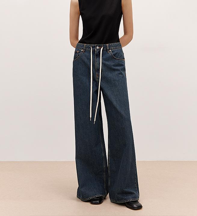 "Retro Blues" fashionable high waist pleated design washed casual wide leg jeans for women-1