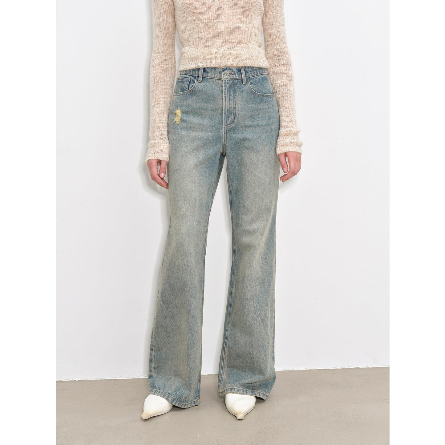 "Flare Mark" Retro all-season slim-fit versatile floor-length washed flared jeans-6