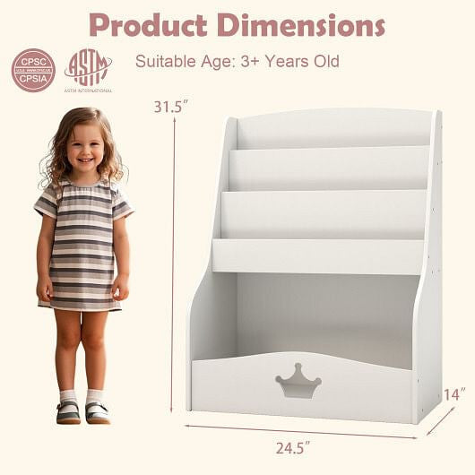 4-Tier Kids Bookshelf with Shelves and Compartment for Toddlers-White-2