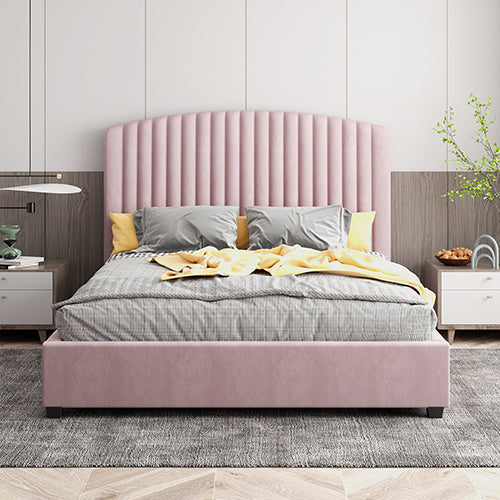 NNEDSZ Camelia King Single Size Bed Frame Pink Velvet Upholstery High Headboard Quality Slats Metal Structure-0