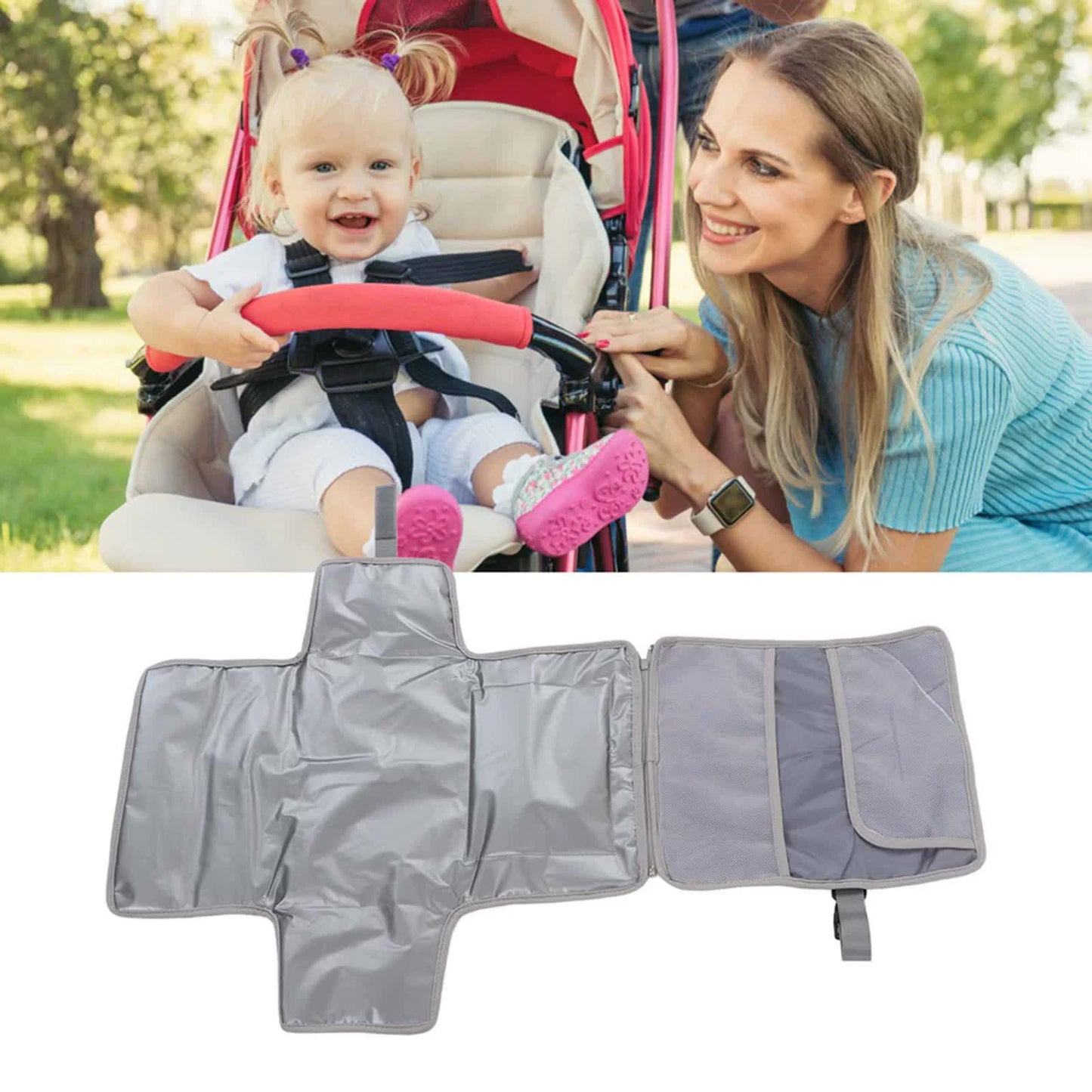 NNEDSZ Grey Portable Baby Diaper Changing Pad with Storage Pockets - Travel Essentials for Parents-1