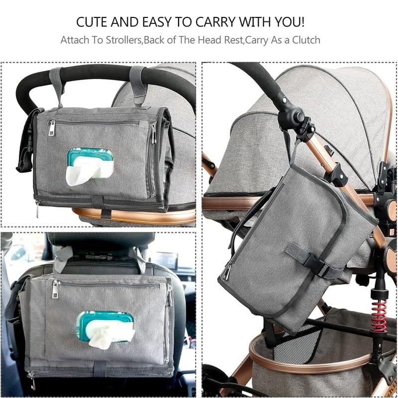 NNEDSZ Grey Portable Baby Diaper Changing Pad with Storage Pockets - Travel Essentials for Parents-3