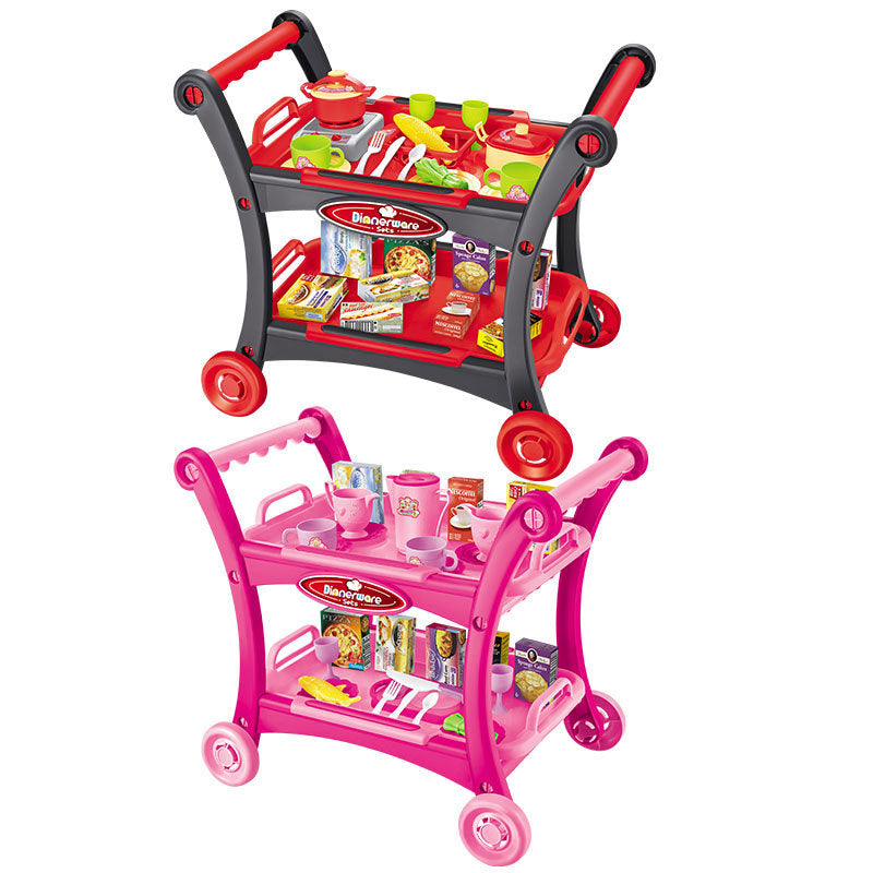 NNEDSZ Pink Children's Pretend Play Kitchen Cart Set with Toys - Roleplay Cooking Set with Accessories - Educational Toy for Kids-1