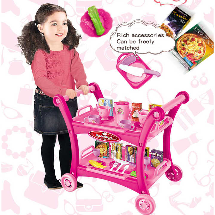 NNEDSZ Pink Children's Pretend Play Kitchen Cart Set with Toys - Roleplay Cooking Set with Accessories - Educational Toy for Kids-3