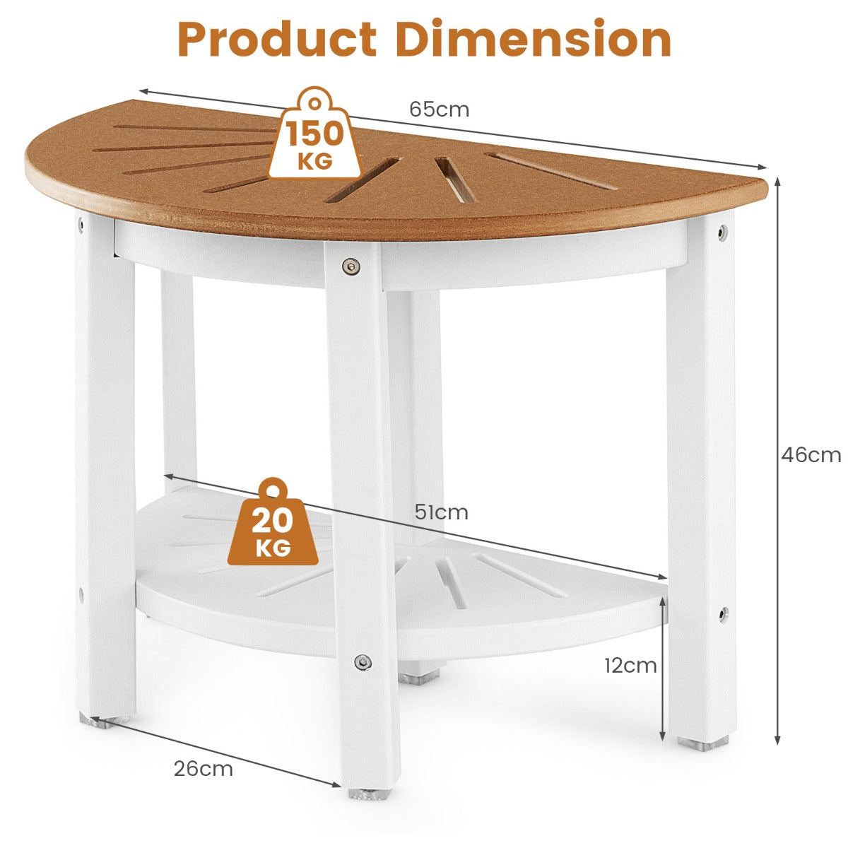 NNECW 2-Tier Shower Bench with Semicircular Seat & Storage Shelf-3