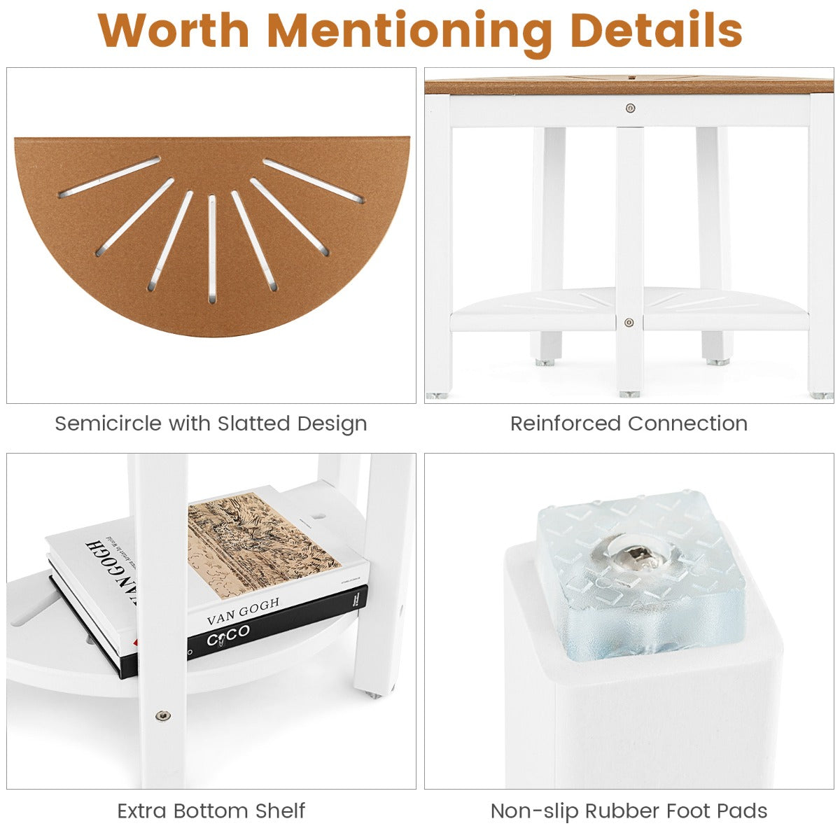 NNECW 2-Tier Shower Bench with Semicircular Seat & Storage Shelf-4