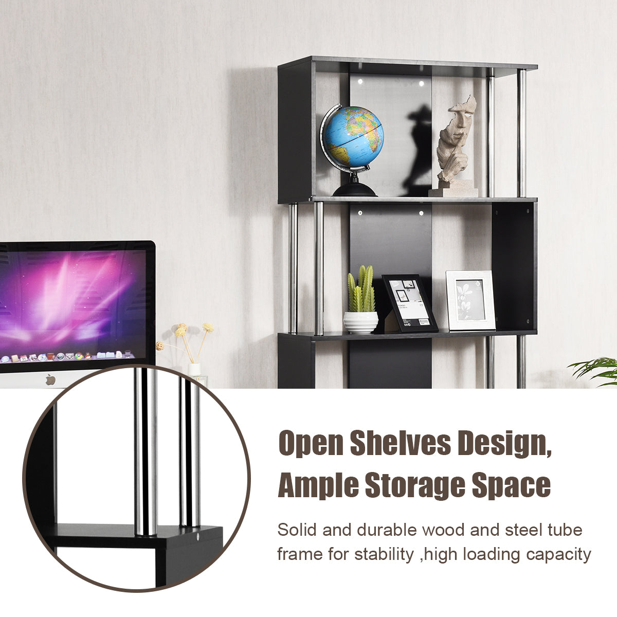 NNECW Standing Shelf with 4 Shelves & Metal Frame for Living Room & Office & Bedroom-Black-2