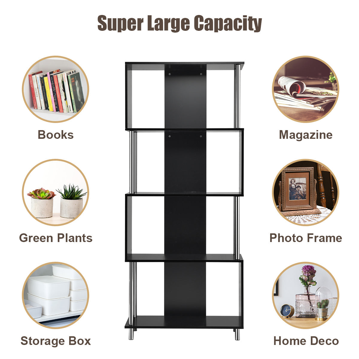 NNECW Standing Shelf with 4 Shelves & Metal Frame for Living Room & Office & Bedroom-Black-4