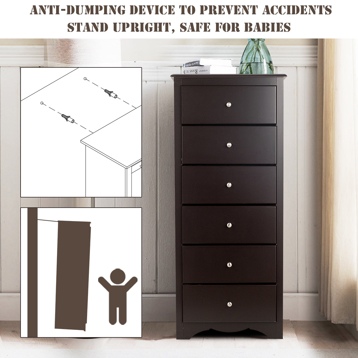 NNECW 6 Drawer Chest with Mental Knobs for Living Room-Brown-2