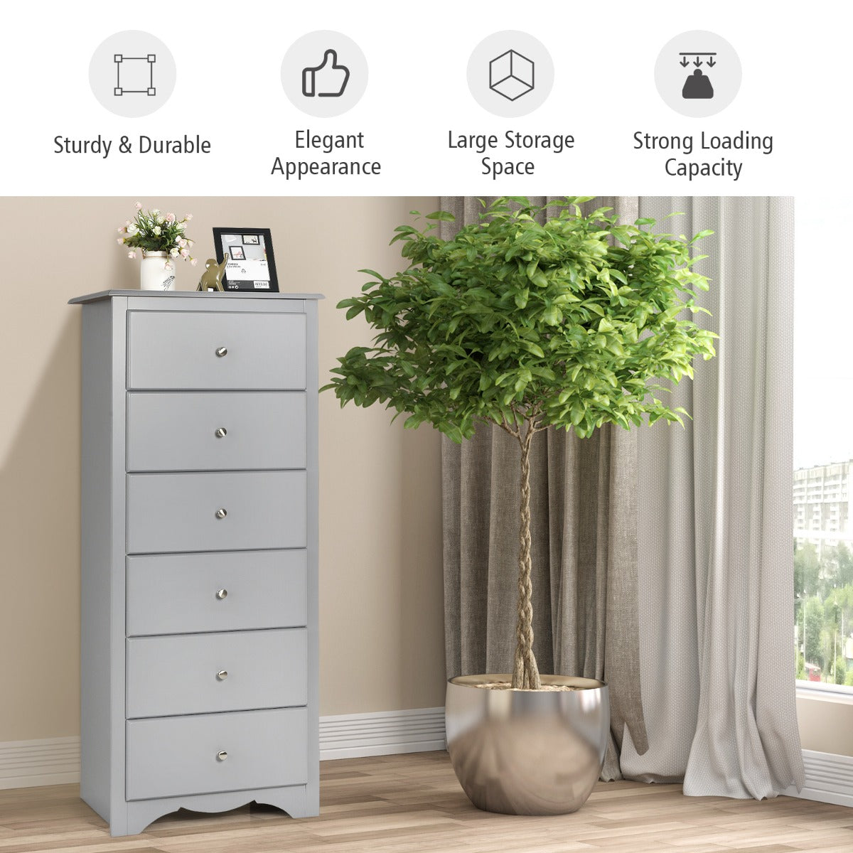 NNECW 6 Drawer Chest with Mental Knobs for Living Room-Grey-2