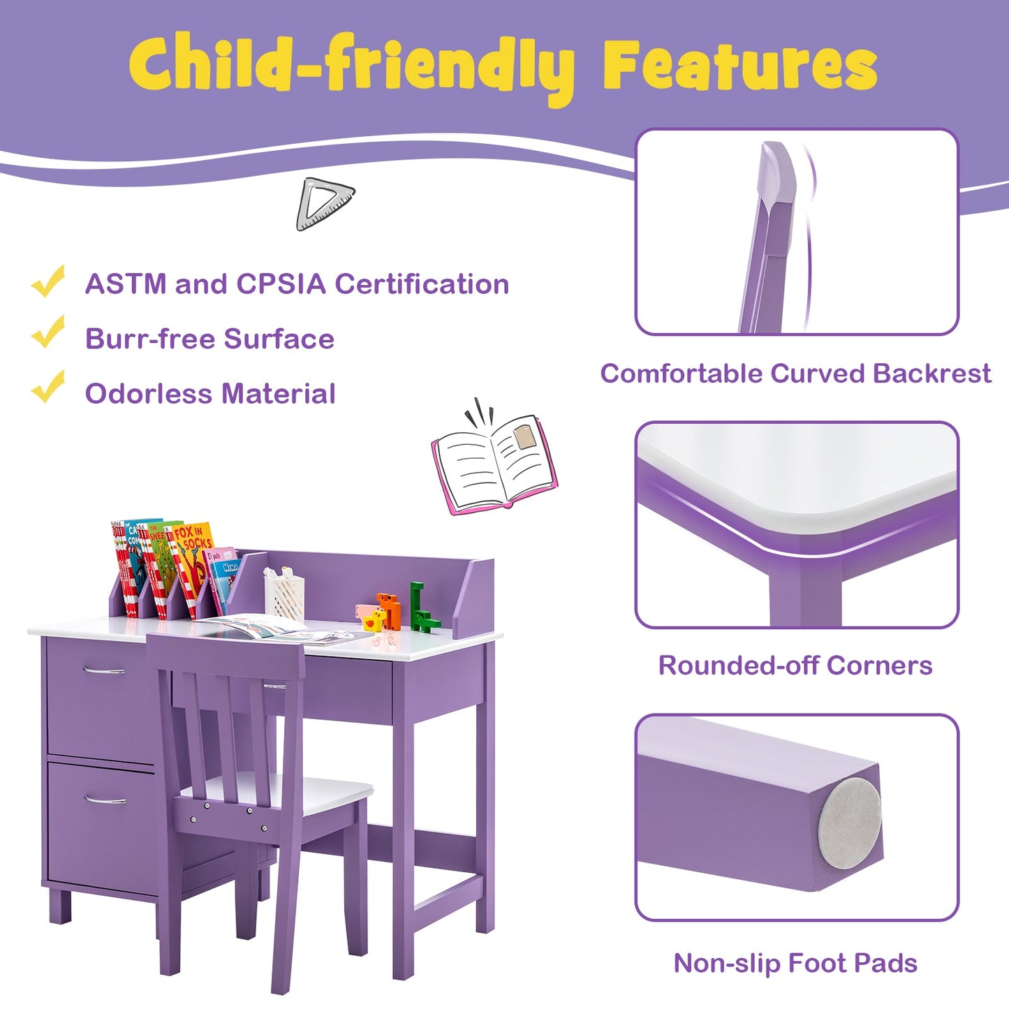 NNECW Kids Learning Desk & Chair Set for Bedroom & Study Room-Purple-4