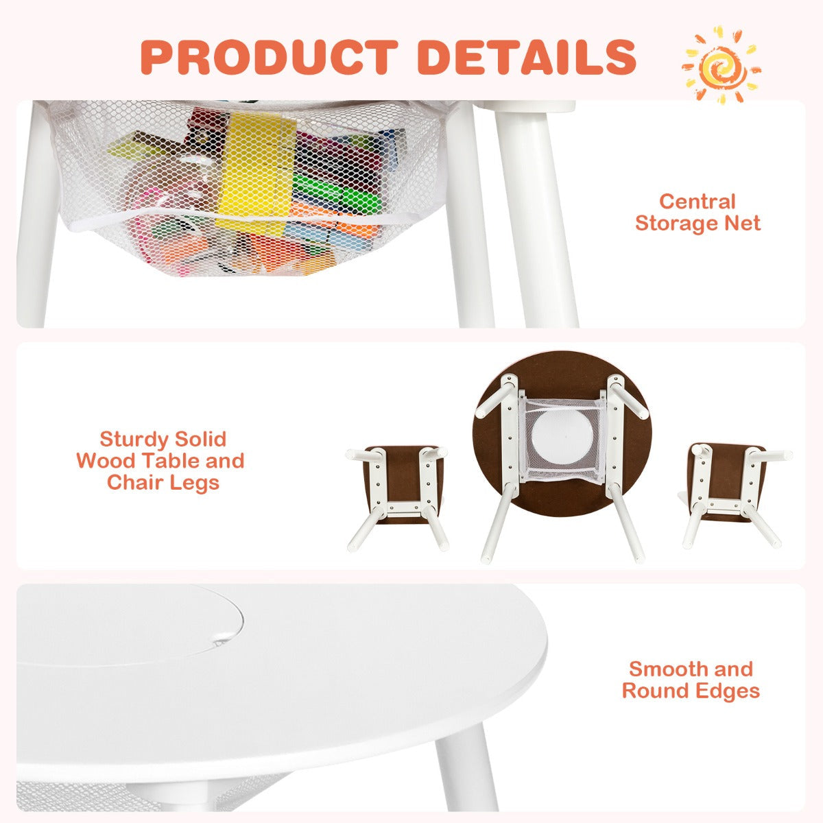 NNECW 3 Piece Kids Wooden Activity Table and Chair Set with Mesh Storage-4