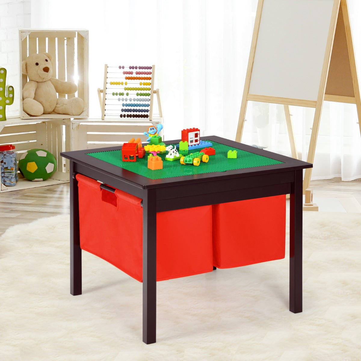 NNECW Kids Activity Table with 2 Non-woven Fabric Drawers-Espresso-0