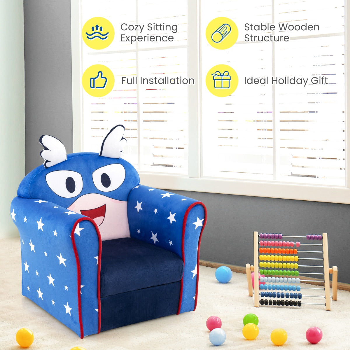 NNECW Kids Upholstered Armchair with Cute Cartoon Pattern for 0-5 Years-Navy-2