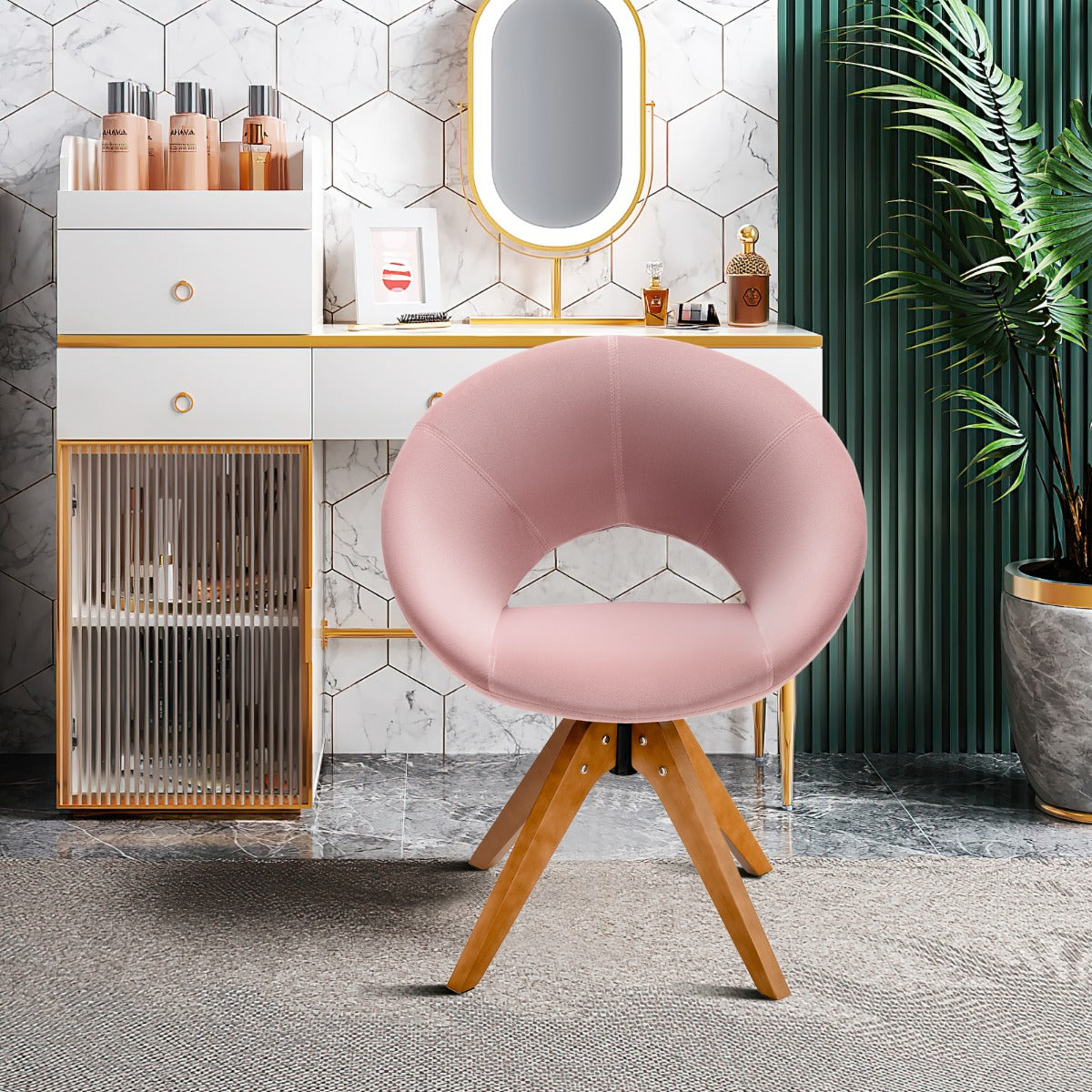 NNECW Mid Century Swivel Accent Chair with Oversized Upholstered Seat for Living Room/Office/ Bedroom-Pink-0