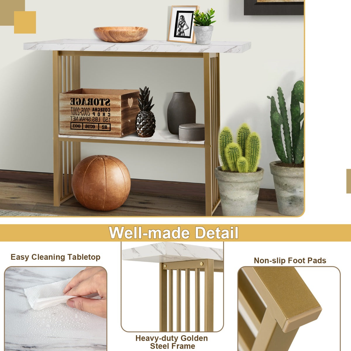 NNECW White Faux Marble Sofa Table with Faux Marble Tabletop for Living Room-4