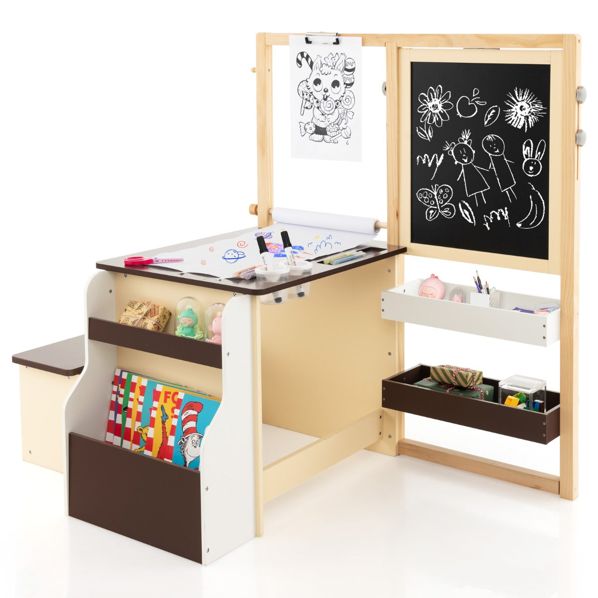 NNECW Kids Art Table & Bench Set with Double-Sided Adjustable Easel-Coffee-1