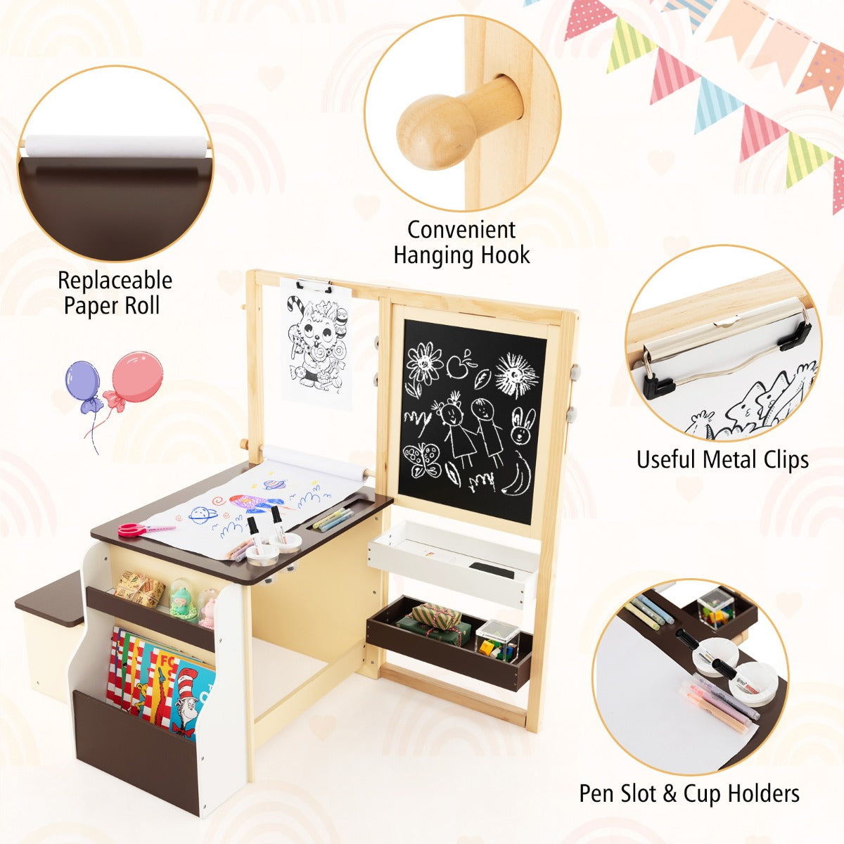 NNECW Kids Art Table & Bench Set with Double-Sided Adjustable Easel-Coffee-4