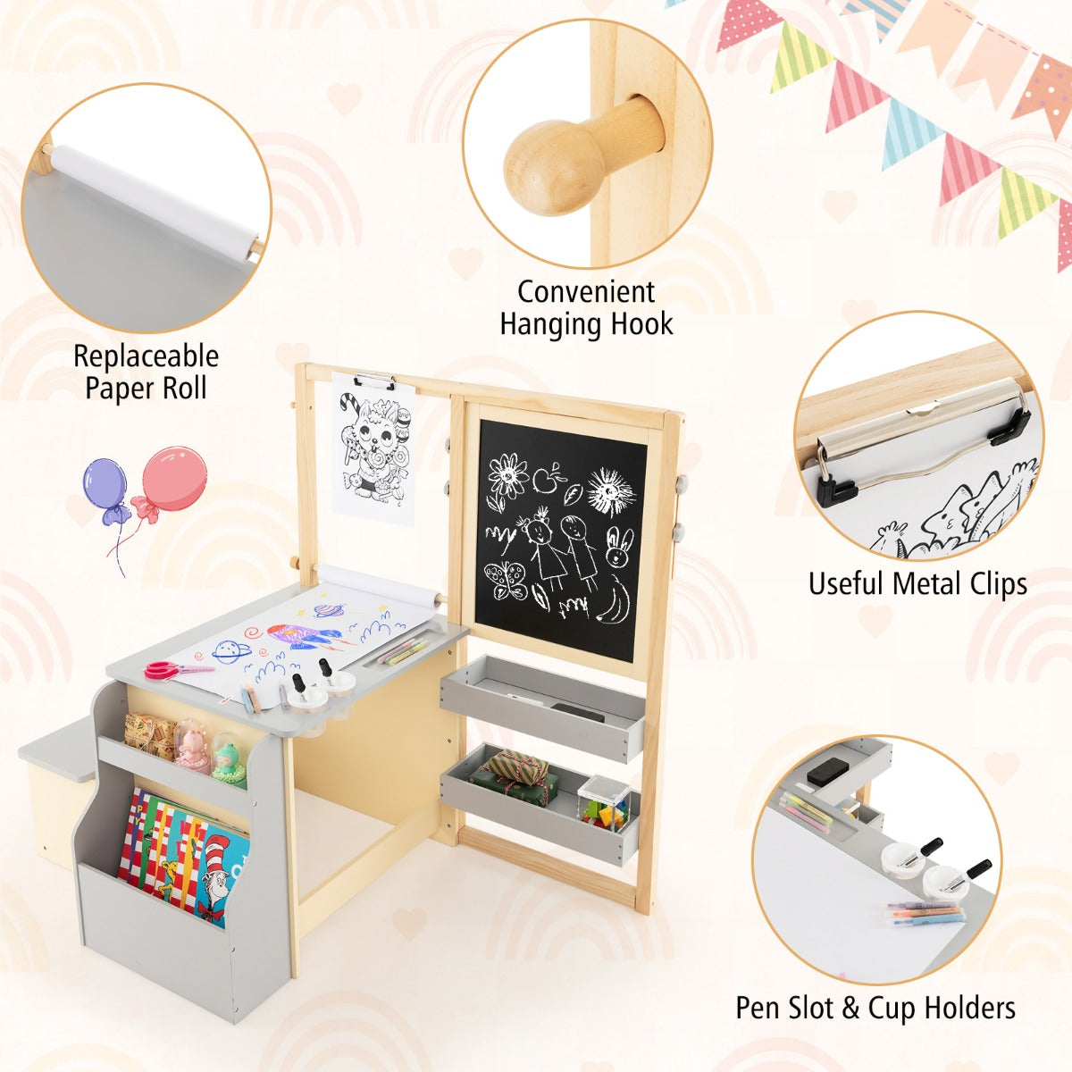 NNECW Kids Art Table & Bench Set with Double-Sided Adjustable Easel-Grey-4