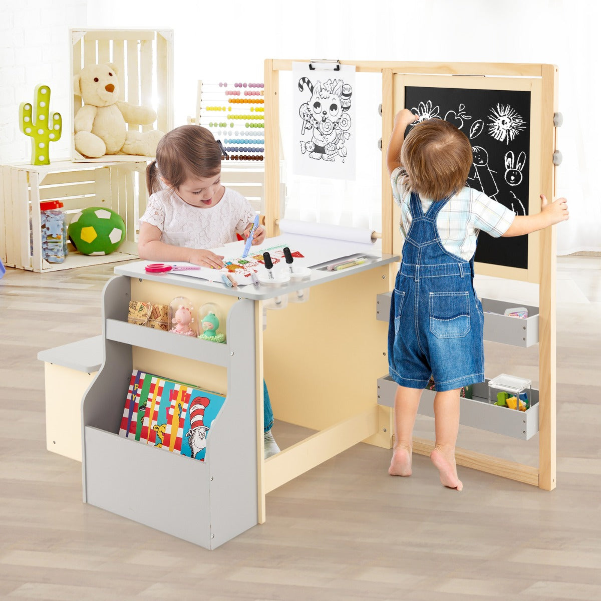NNECW Kids Art Table & Bench Set with Double-Sided Adjustable Easel-Grey-0