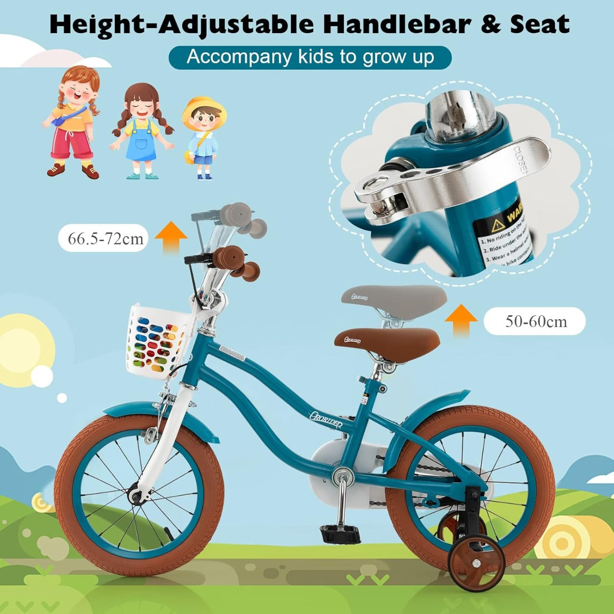 NNECW Kids Bike Adjustable with Handbrake and Basket for 3-5 Years Old-Turquoise-14 inches-3
