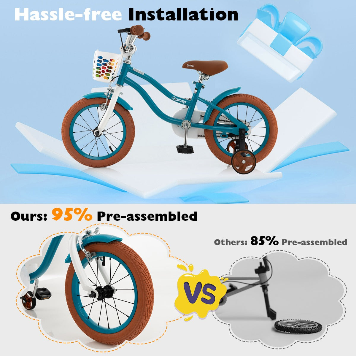 NNECW Kids Bike Adjustable with Handbrake and Basket for 3-5 Years Old-Turquoise-14 inches-4