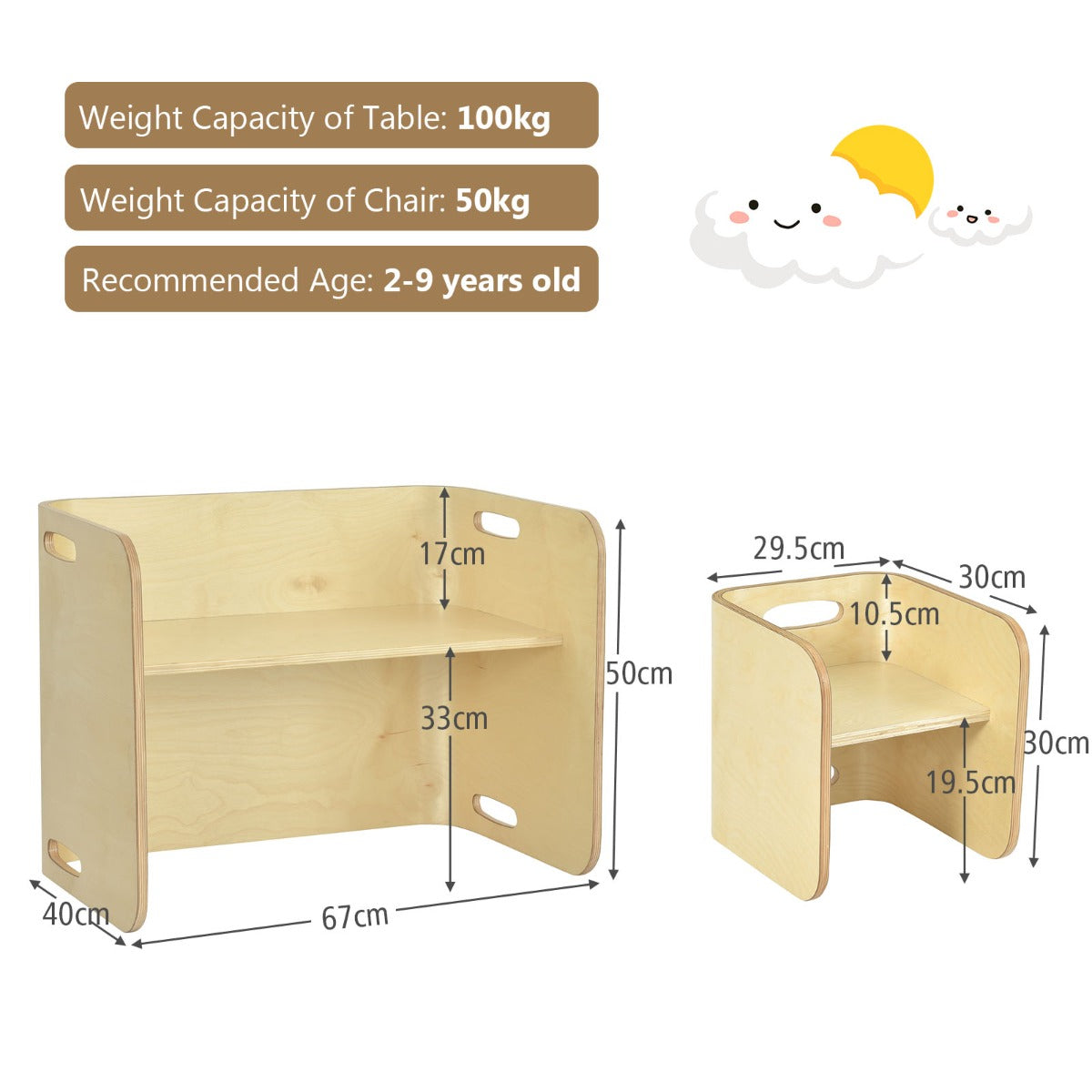 NNECW Kids Table and Chair Set with Storage Shelves-Natural-3