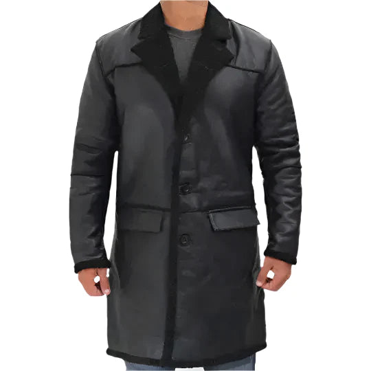 Mens Black Winter Shearling Leather Trench Coat-0
