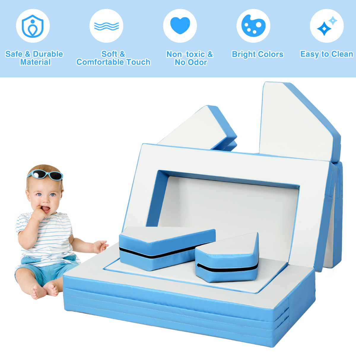 NNECW 4-In-1 Multi-functional Combination Sofa Set with Durable PU Surface for Kids-Blue-2