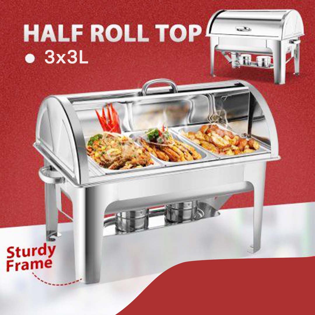 NNEAGS 4X 3L Triple Tray Stainless Steel Roll Top Chafing Dish Food Warmer-2