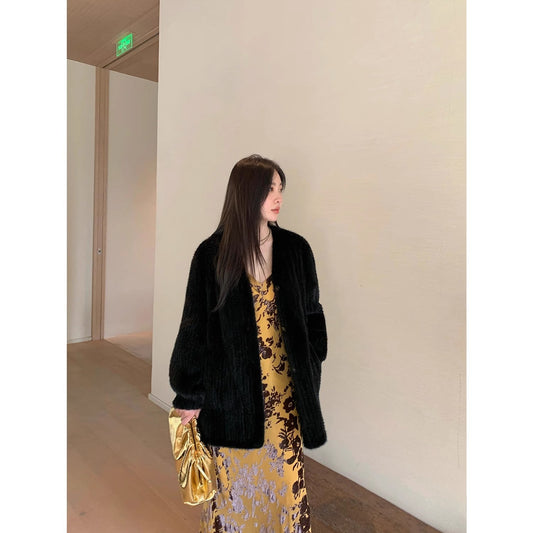 "Moon Serenade" High-luxury imported velvet mink woven fur coat mid-length mink coat (handmade)-0