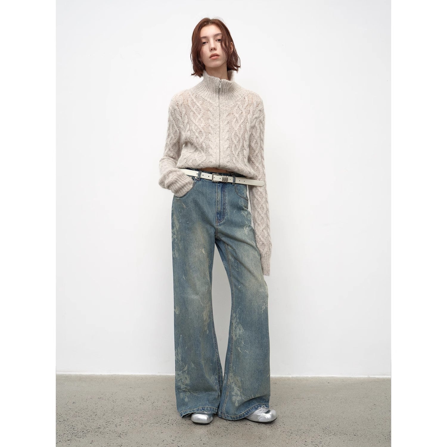 "Denim Shadow"retro washed printed layered casual slimming cotton bootcut jeans-0